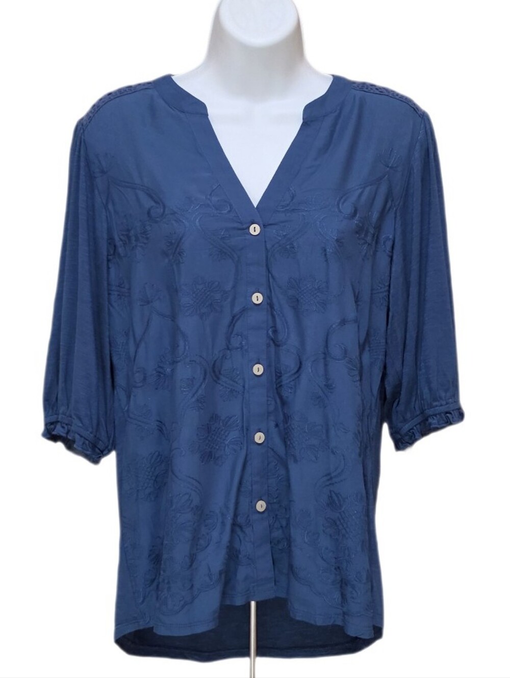Democracy Floral Embroidered Boho Peasant Top Split V-Neck Elbow Sleeves Blue M